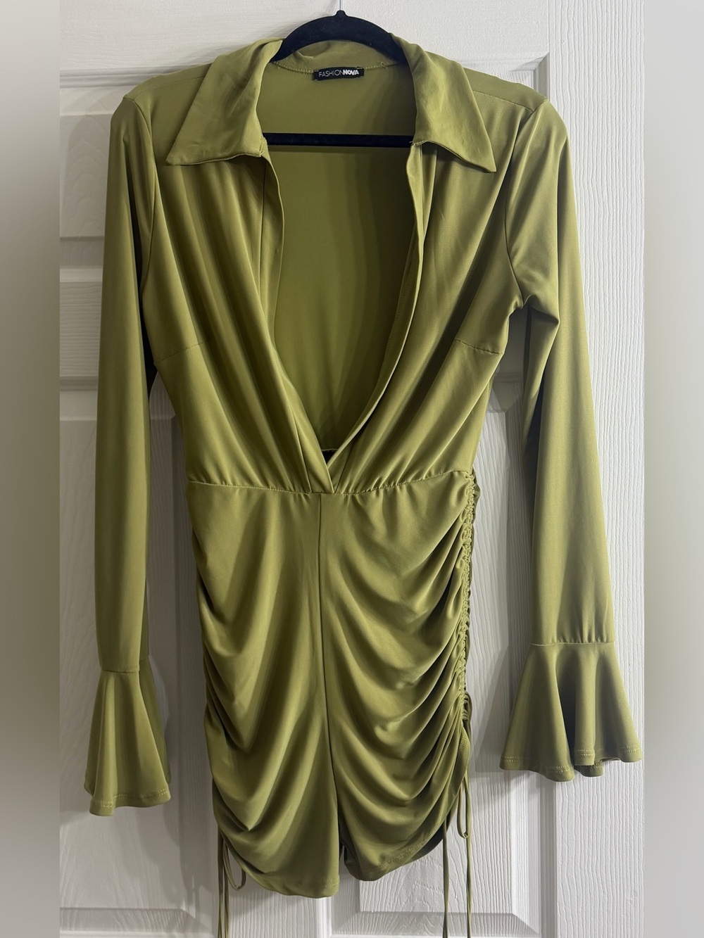 Fashion Nova Olive Plunge Ruched Long-Sleeve Tunic